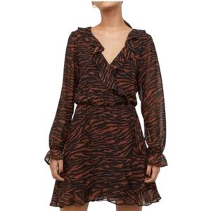 H&M Rust Brown Tiger Striped Frill Trimmed Wrap Ruffled Cocktail Dress Size 8